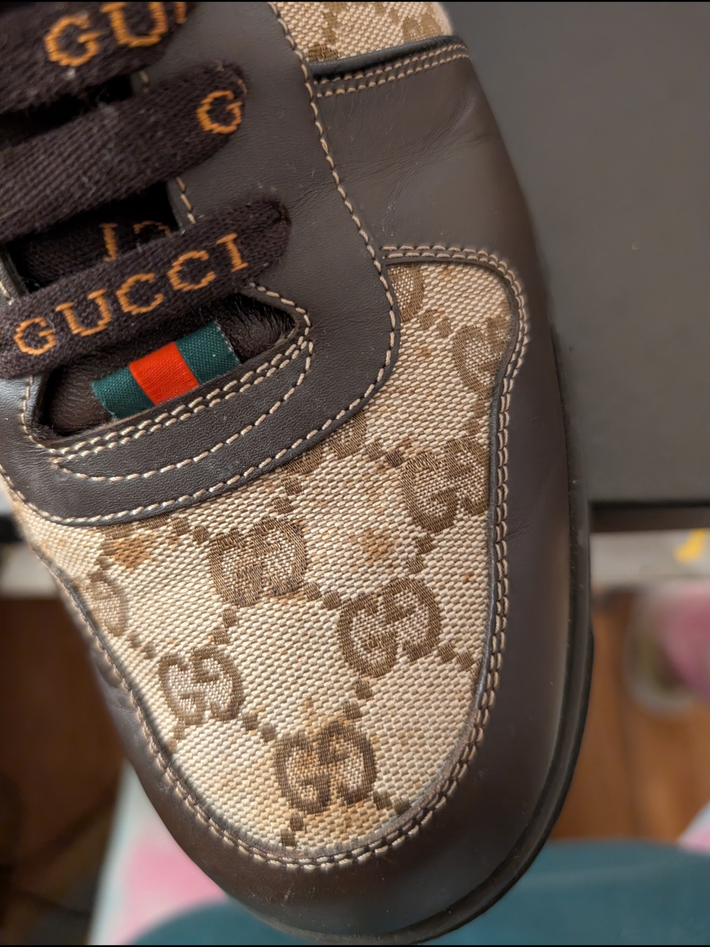 Gucci Men’s Brown GG Canvas & Dark Brown Leather Sneakers with Green-Red Web - Picture 10 of 16